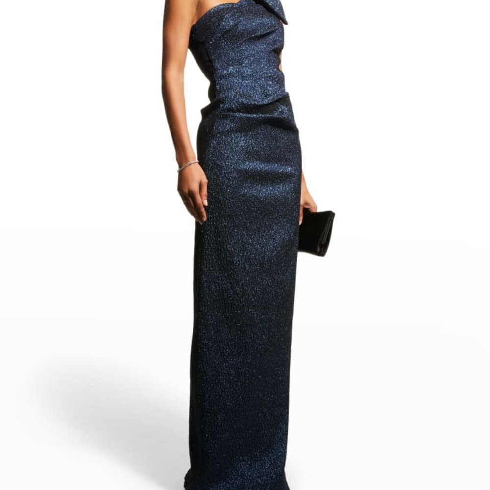 Teri Jon by Rickie Freeman Metallic Stretch Jacquard One-Shoulder Gown